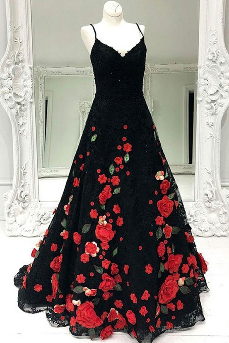 Charming Spaghetti Straps Long Black And Red Princess Prom