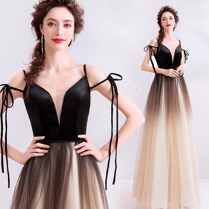 Spaghetti Straps Black Deep V Neck Formal Dress, Floor Length Tulle Ombre Prom Dresses STC15409