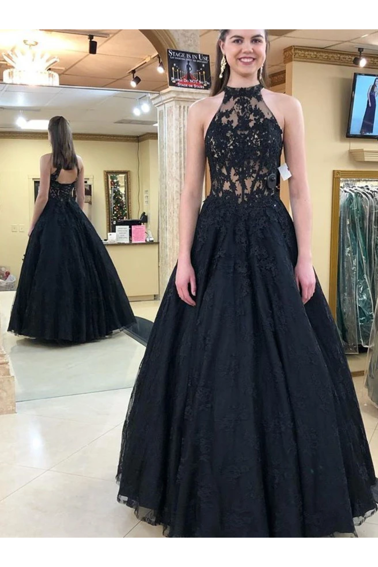 Halter Neckline Black Long Prom Dresses Formal Evening Dress Tulle STCPJHYQ138