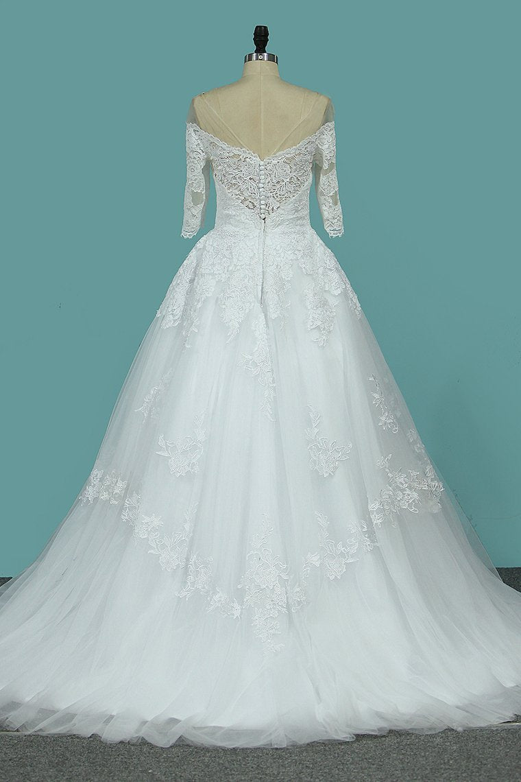 2021 Wedding Dresses A Line Mid-Length Sleeves Tulle With