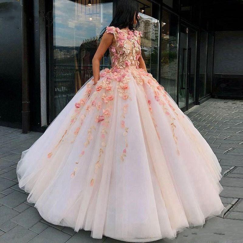 Princess Ball Gown Pink Tulle Prom Dresses with Handmade Flowers Quinceanera STC15658