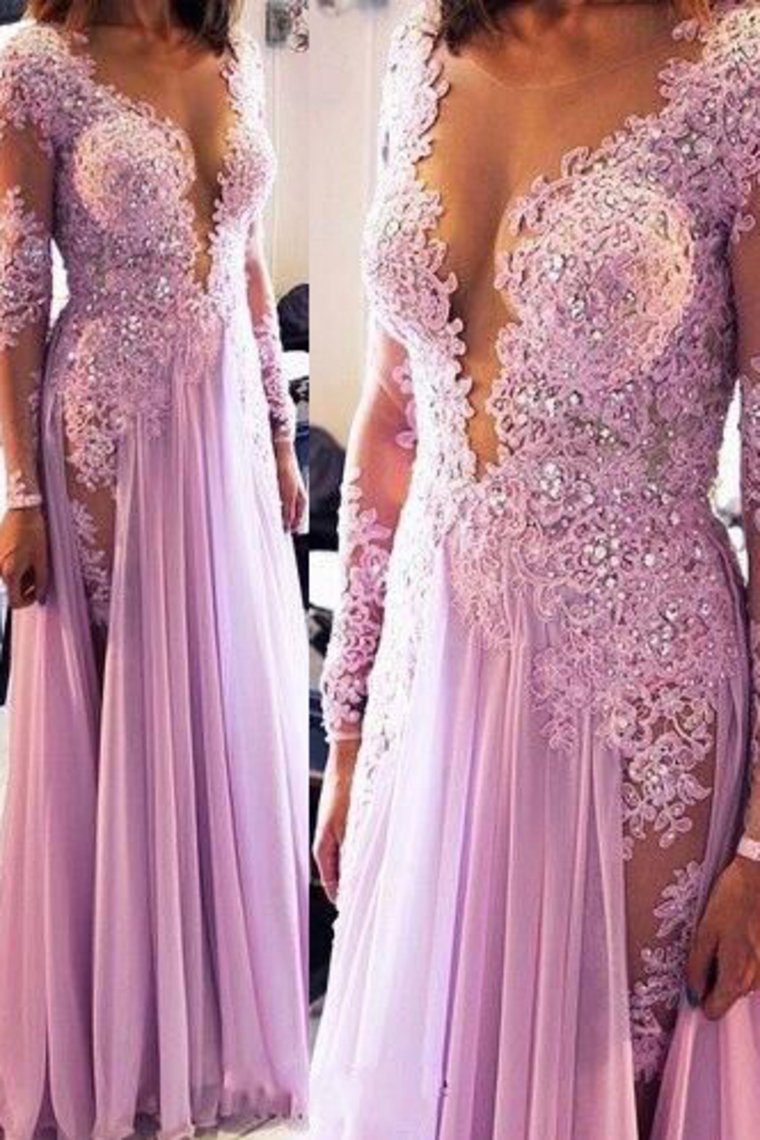 Long Sleeves Scoop Prom Dresses A Line Chiffon With Applique And