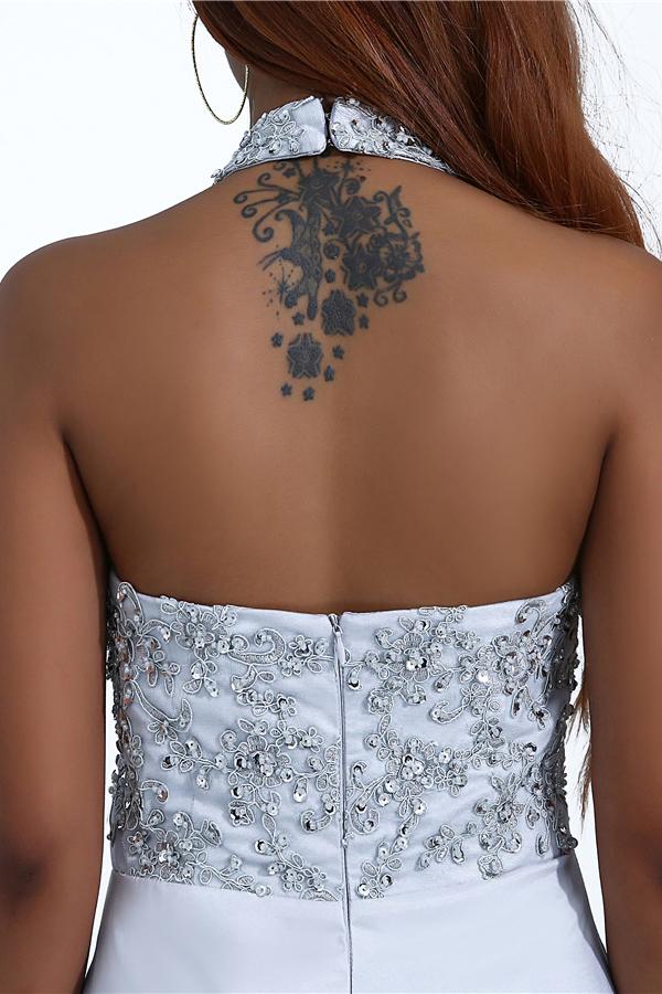 Charming Mermaid Halter Silver Sequins Prom Dresses with Appliques, Party STC15629