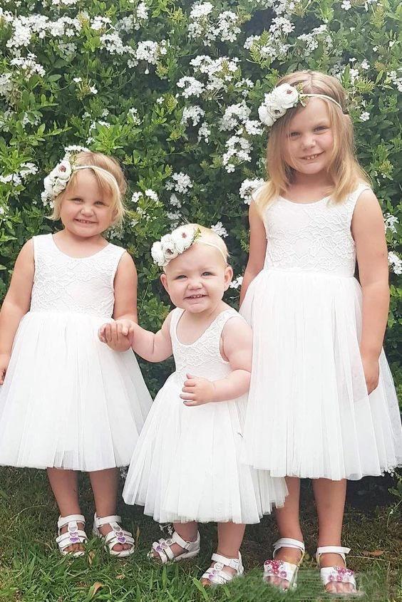 Cute A Line Lace Round Neck White Flower Girl Dresses with Tulle, Baby Dresses STC15134