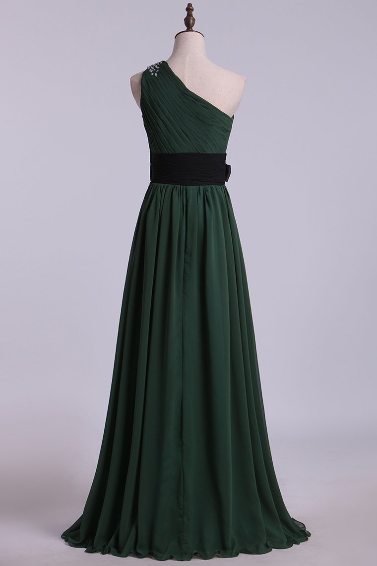 One Shoulder A Line Prom Dress With Ruffles And Beads Floor Length Chiffon