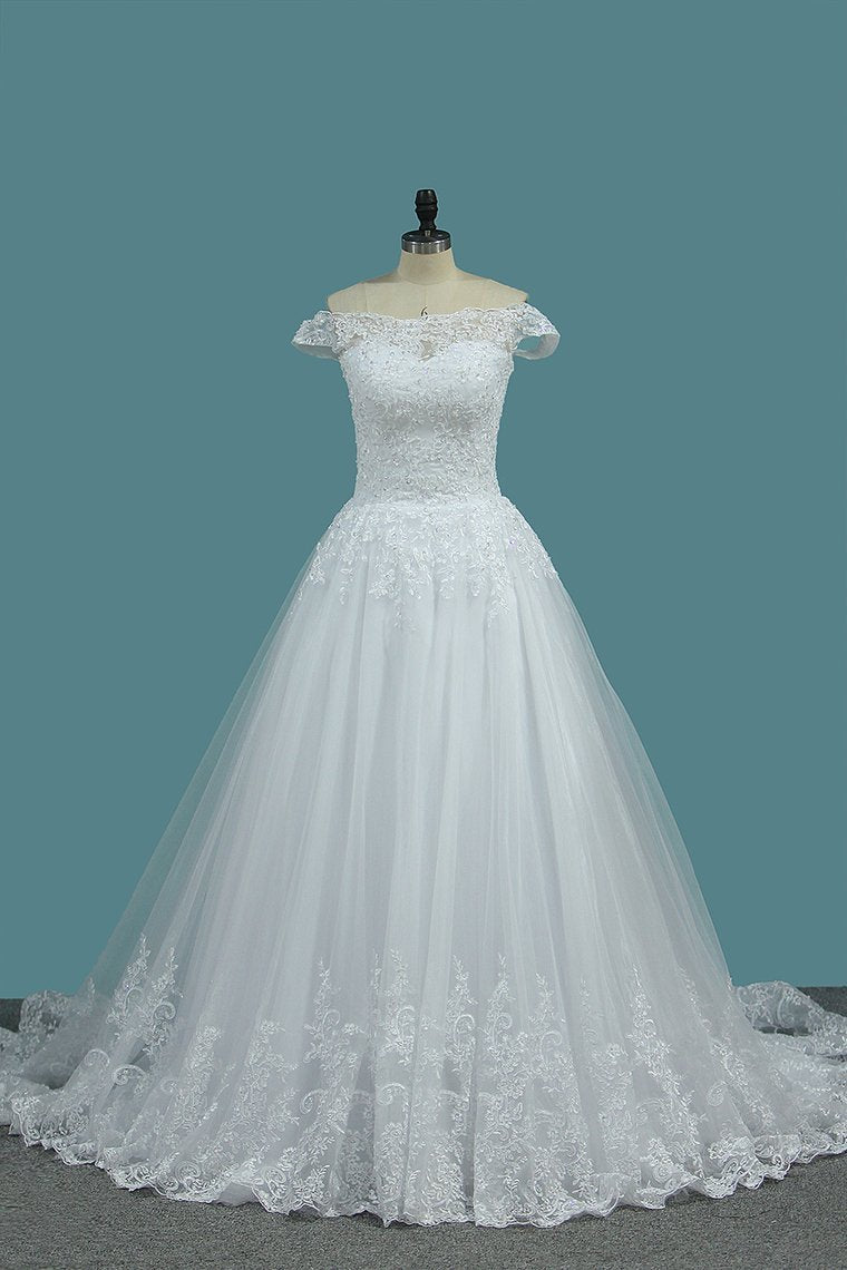 2024 A Line Tulle Off The Shoulder Wedding Dresses With Applique Sweep