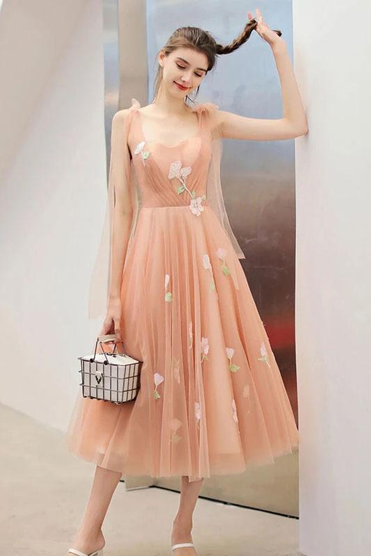 Cute Tea Length A Line Pink Short Prom Dress Sweet 16 Dresses with Hand Made Flower STC15138