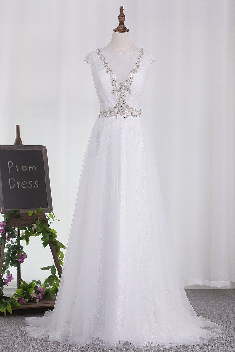Wedding Dresses Tulle Scoop A Line With Applique And Beads Sweep