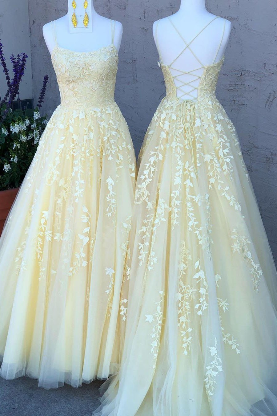 A Line Tulle Yellow Spaghetti Straps Prom Dresses with Appliques, Party STC20385