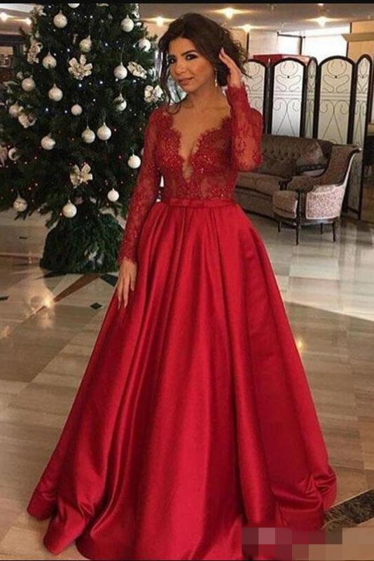 Elegant Long Sleeve Red Lace Beads Long Prom Dresses, A Line Satin Evening Dresses STC15174