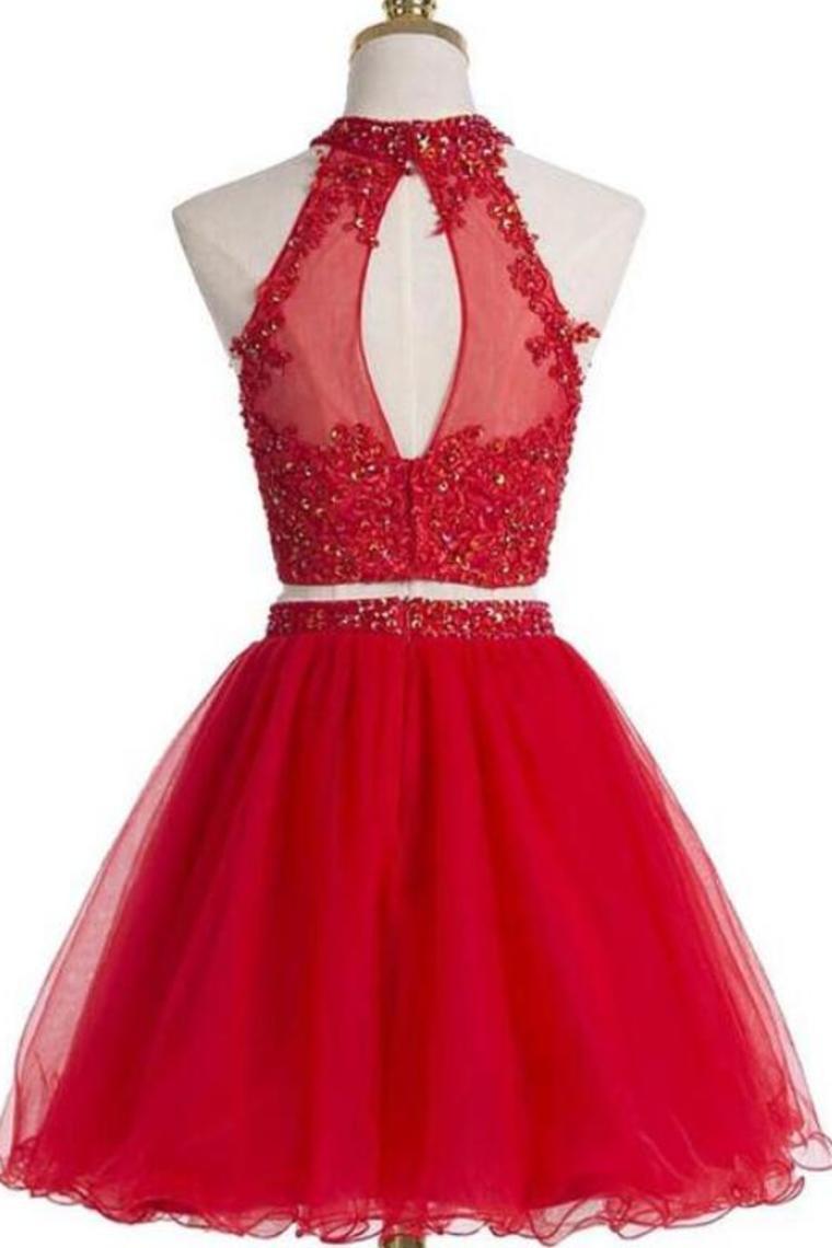 Two PiecesTulle With Beading And Appliques Homecoming Dresses A