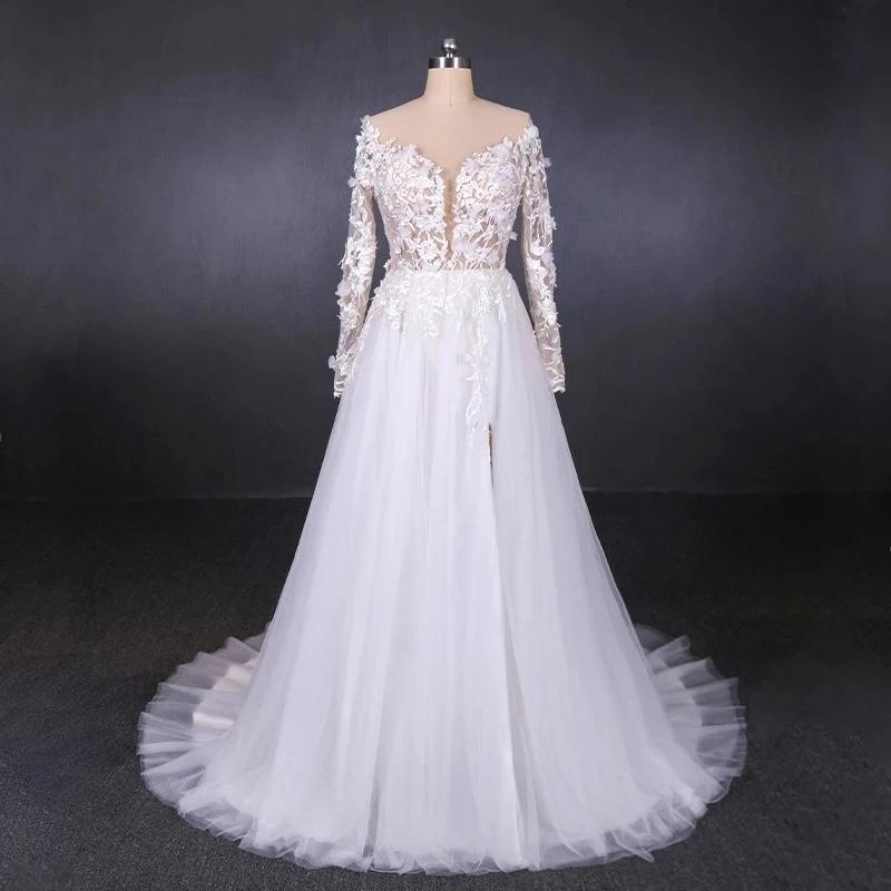 Long Sleeves White A-line Tulle Beach Wedding Dresses with Lace Appliques, Bridal Dress STC15255