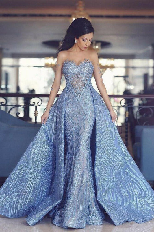 Elegant Blue Long Sleeve Mermaid Appliques Long Prom Dresses, Party Dresses STC15161