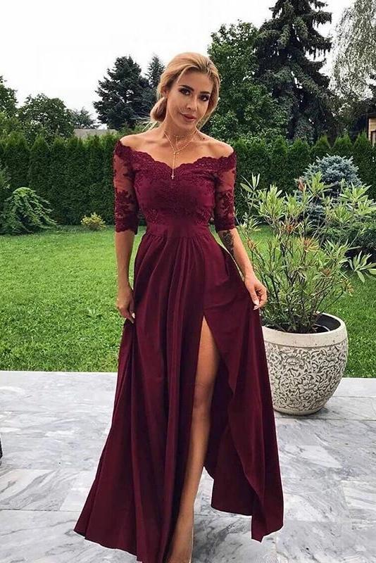 Modest Off the Shoulder Burgundy Bridesmaid Dresses with Slit, Prom STC15655