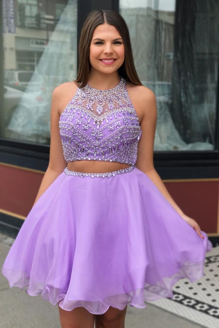 Two Piece Scoop Beading Homecoming Dress