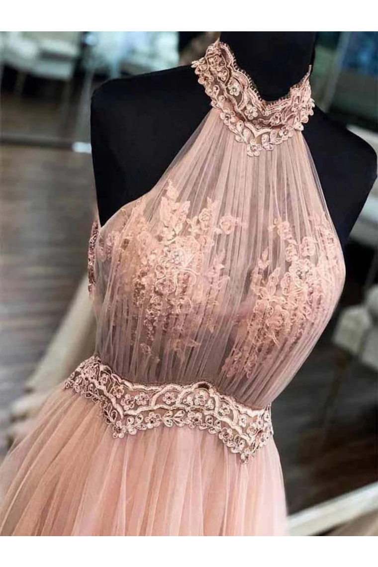 Chic Halter Formal Prom Dress Tulle Appliques A Line Evening STCPYARAC2F