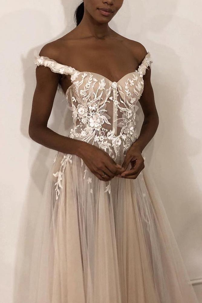 Unique Off the Shoulder Ivory Long Wedding Dress with Appliques, Sweetheart Wedding Gowns STC15461