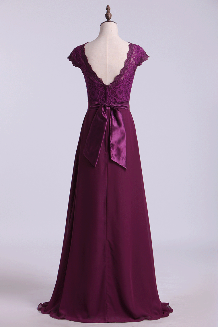 Cap Sleeve Chiffon & Lace Bridesmaid Dresses A-Line Floor-Length