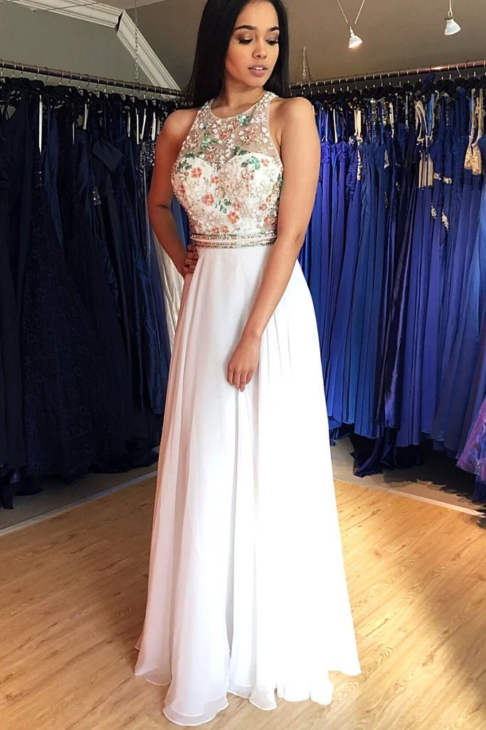 Unique A Line Colorful Beads Chiffon White Formal Dresses, Prom Evening Dresses STC15539