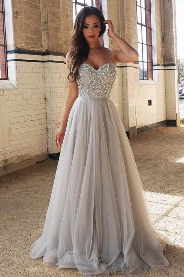 A-Line Bead Silver Spaghetti Straps Sweetheart Slit Tulle Backless Sleeveless Evening STC10759