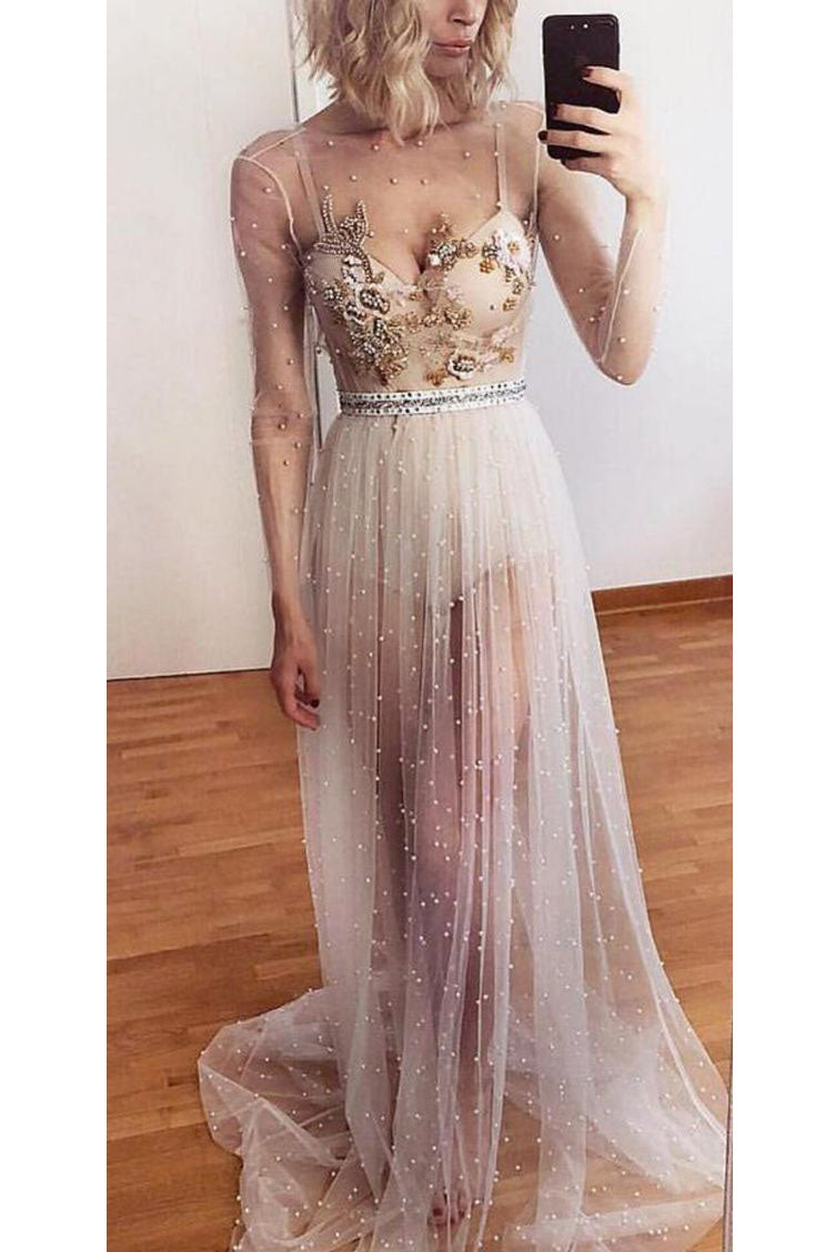 Unique Spaghetti Straps V Neck Tulle Prom Dresses with Appliques Party Dresses with Long Sleeves