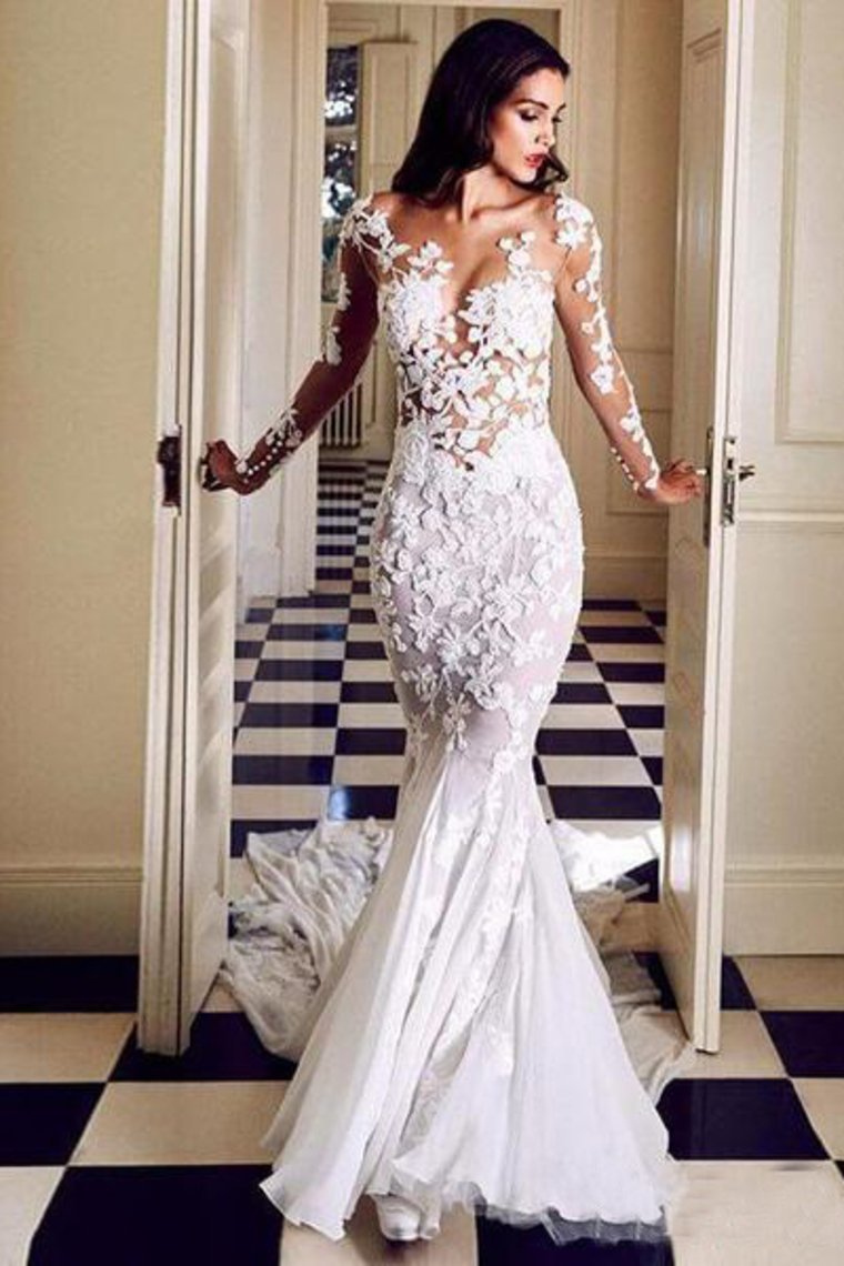 See Through Long Sleeve Mermaid Wedding Dresses Lace Applique Bridal