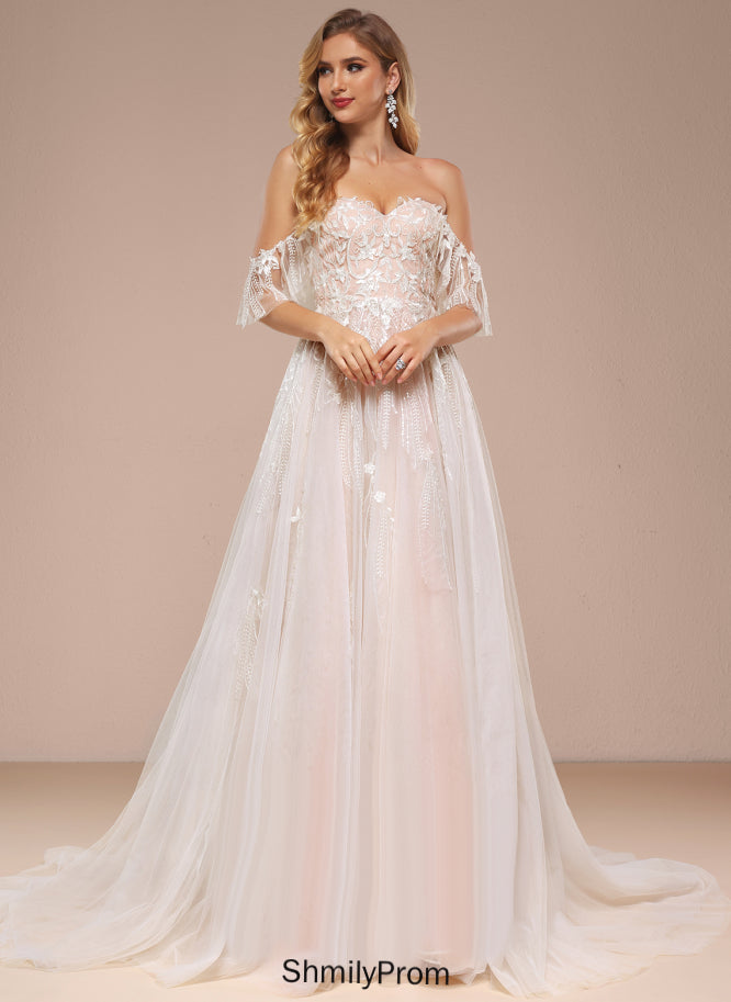 Dress Ball-Gown/Princess Court Tulle Sequins With Lace Meghan Wedding Off-the-Shoulder Train Ruffle Sweetheart Wedding Dresses