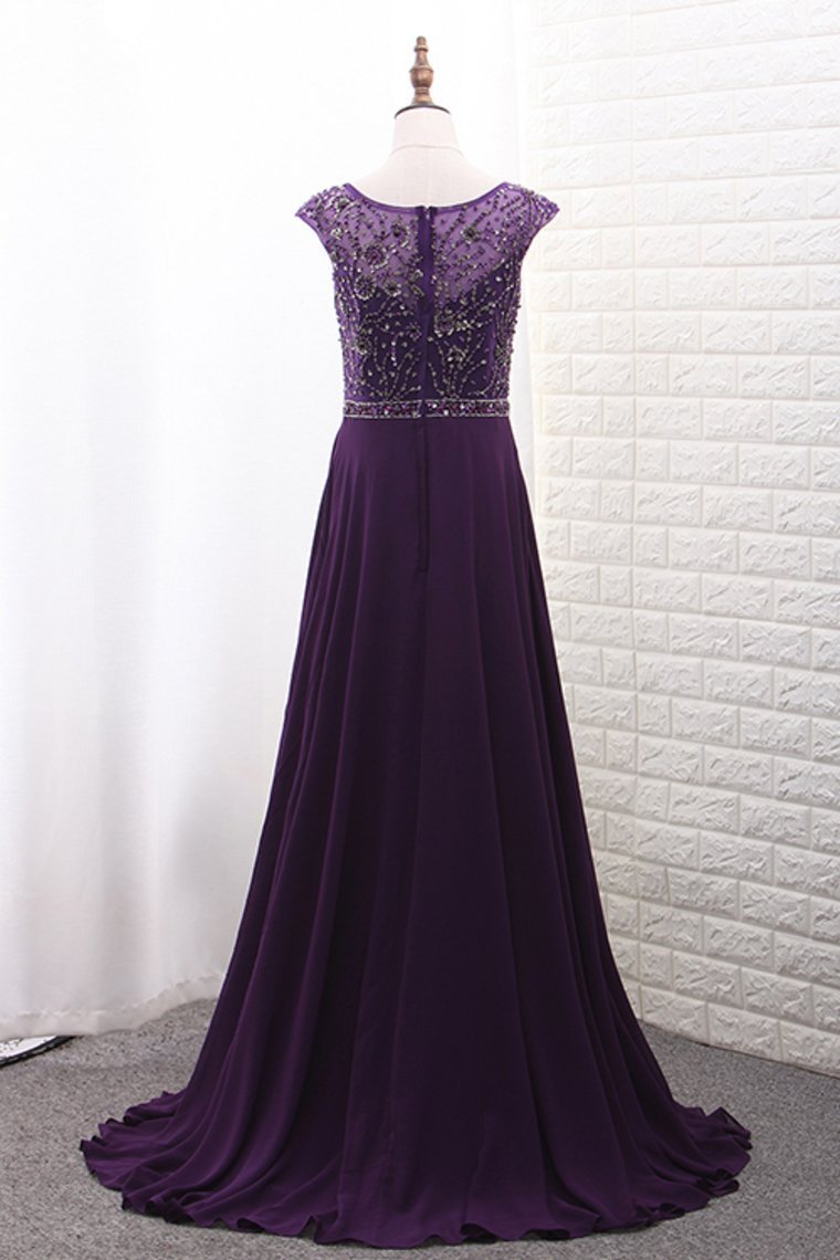 A Line Scoop Chiffon Mother Of The Bride Dresses With Beads Bodice Sweep
