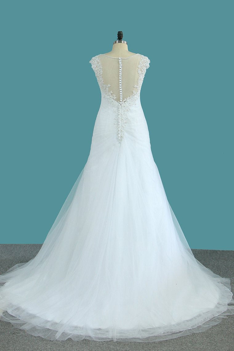 2024 V Neck Tulle A Line Wedding Dresses With Applique And