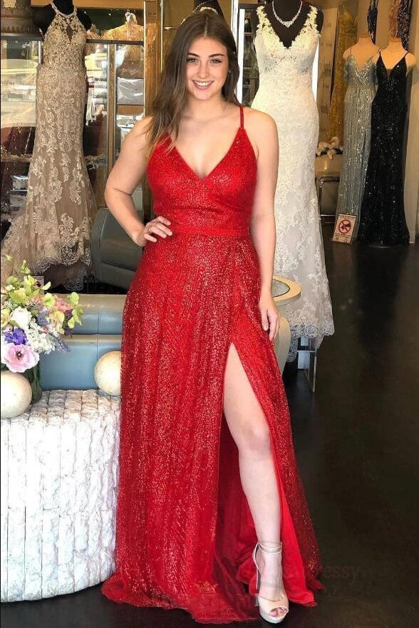 Sparkly V Neck A Line Red Spaghetti Straps Prom Dresses with Slit, Evening STC20447