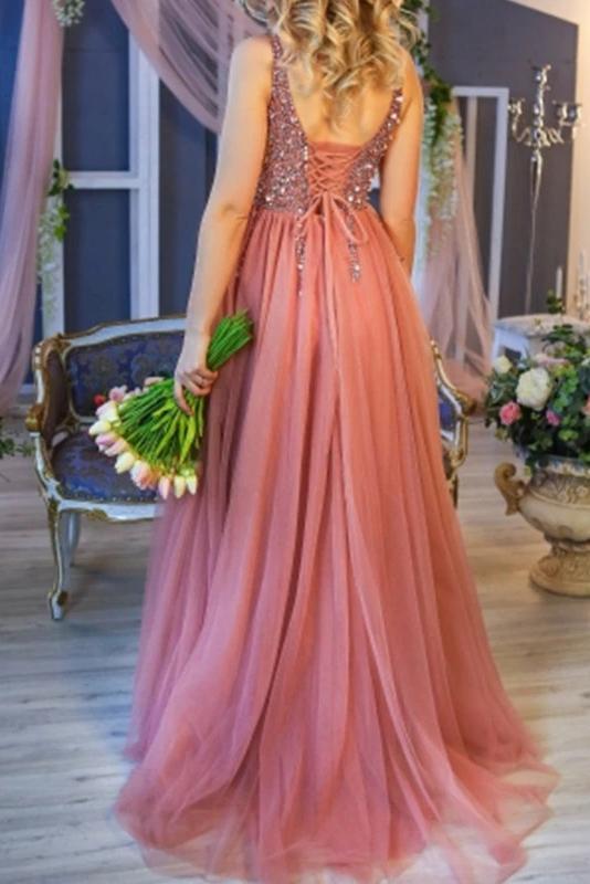 Princess A line V Neck Tulle Beads Sequins Prom Dresses with Lace up, Dance STC20429