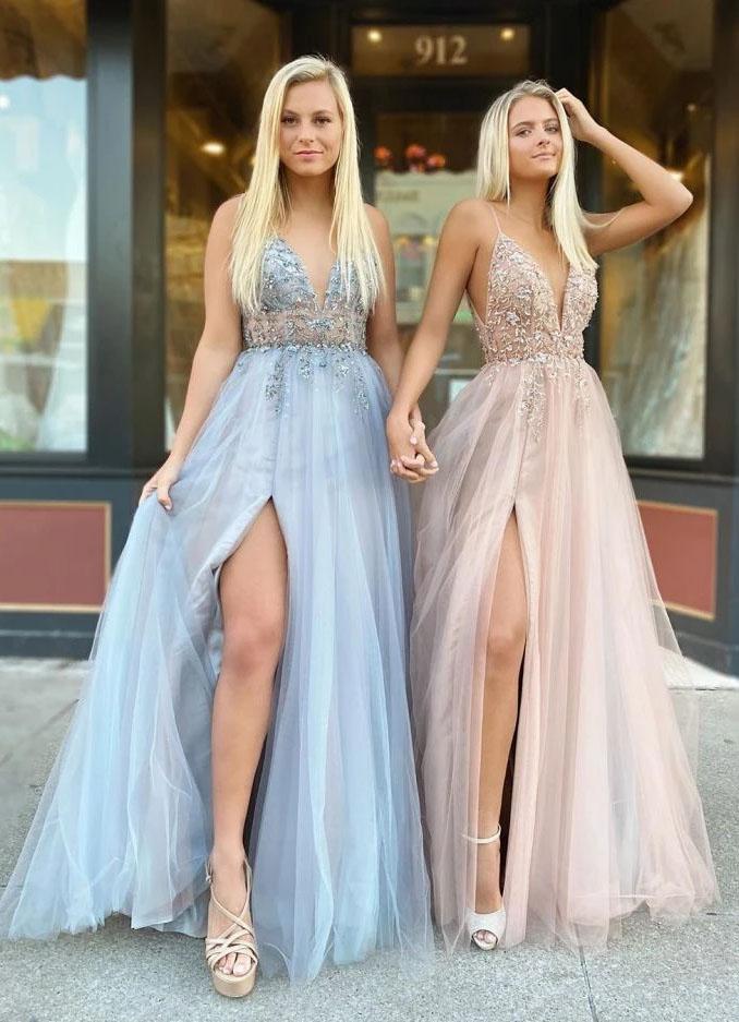 Gorgeous A Line Spaghetti Straps V Neck Beads Prom Dresses with STC20420