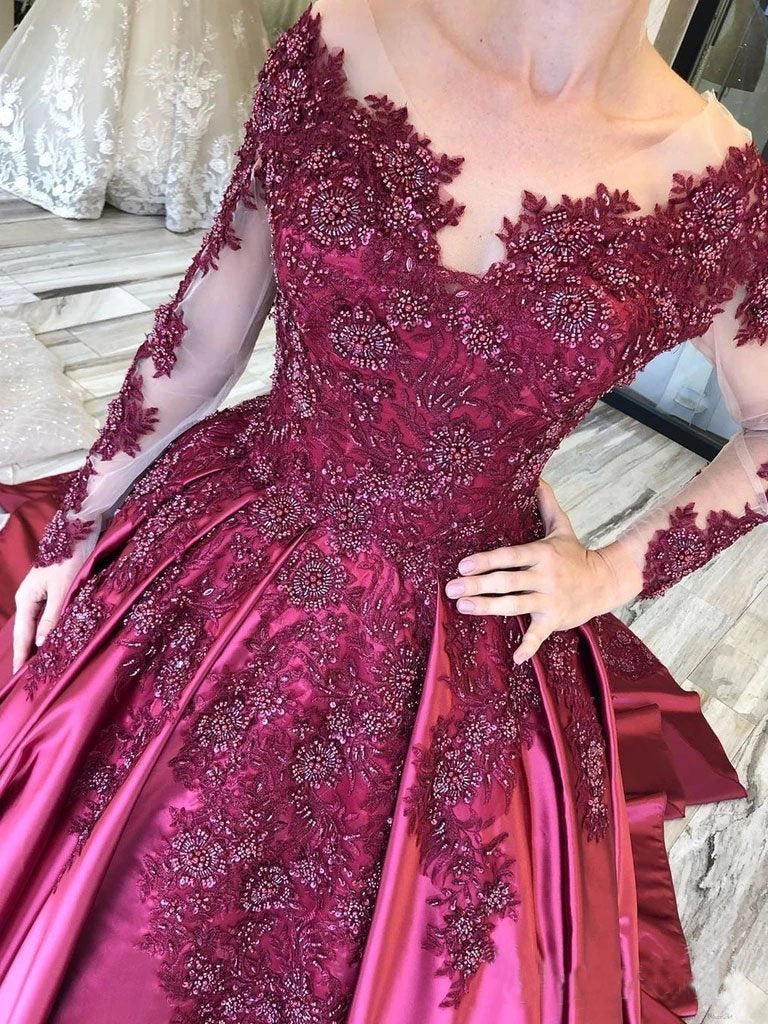 Ball Gown Long Sleeves Burgundy Satin Beads Prom Dresses with Appliques, Quinceanera Dress STC15498