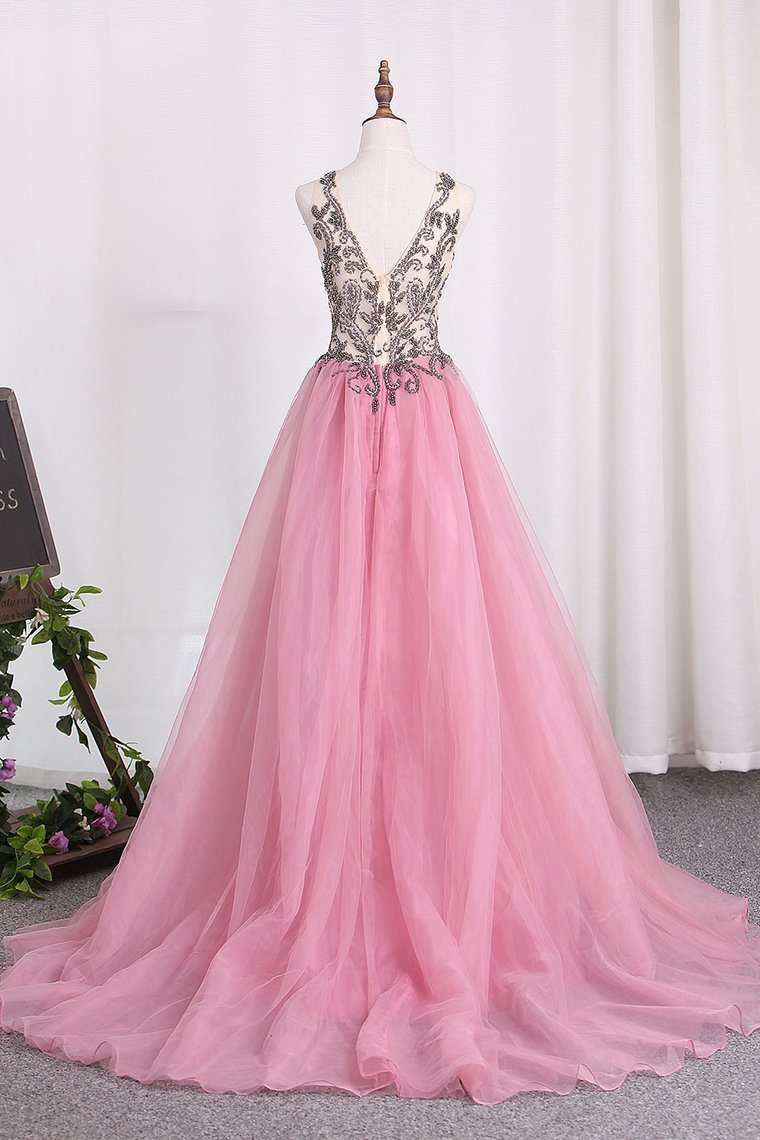 New Arrival A Line Tulle Straps Prom Dresses With Beading And