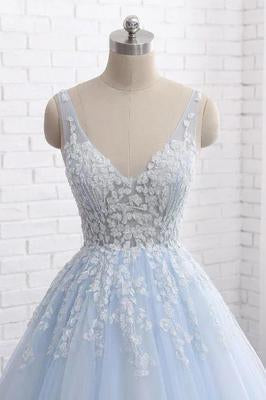 Princess Light Blue Long Ball Gown Lace Tulle Prom Dresses, V Neck Formal Dresses STC15297