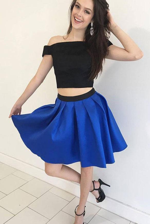 A-Line Black And Blue Satin Two Piece Off the Shoulder Homecoming Short Prom Dresses