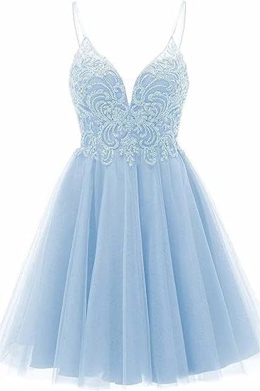 A-line Straps Appliques Tulle Short Homecoming Dress