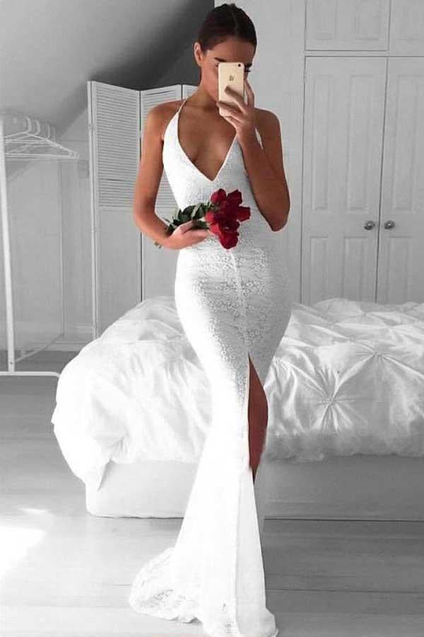 Sexy White Mermaid Deep V-Neck Criss-Cross Straps Split White Lace Prom Dresses