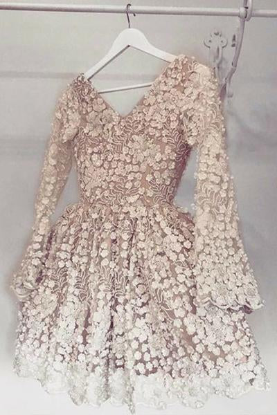 Light Coral A Line V Neck Lace Homecoming Dress Long Sleeves Cute Short Prom Dress