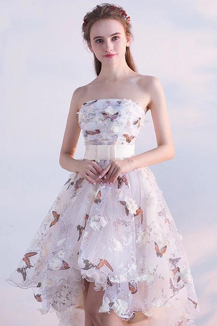 A Line High Low Straps Lace up Tulle Flower Homecoming Dresses Short Prom Dresses