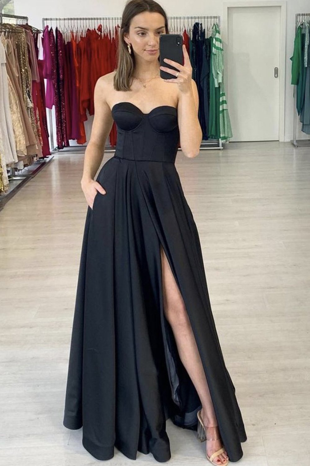Black Satin A-Line High Slit Strapless Sweetheart Long Prom Dresses