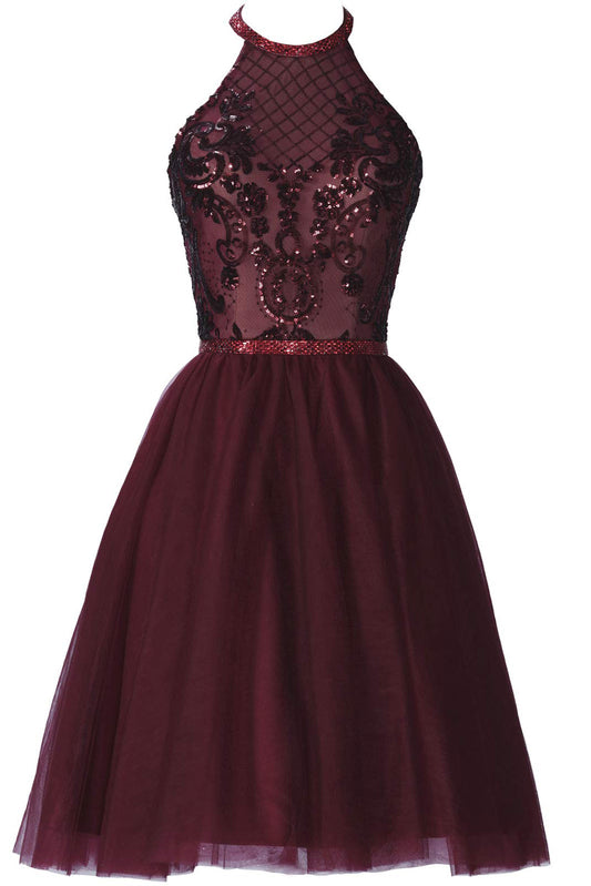 Burgundy Halter Sleeveless A Line Lace Tulle Short Homecoming Dresses