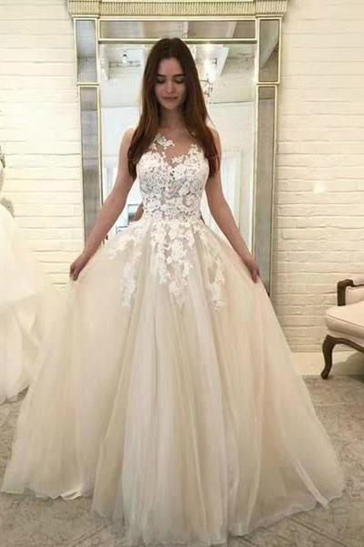 Chic Ivory Lace Appliques Straps Wedding Dresses with Tulle Cheap Prom Dresses