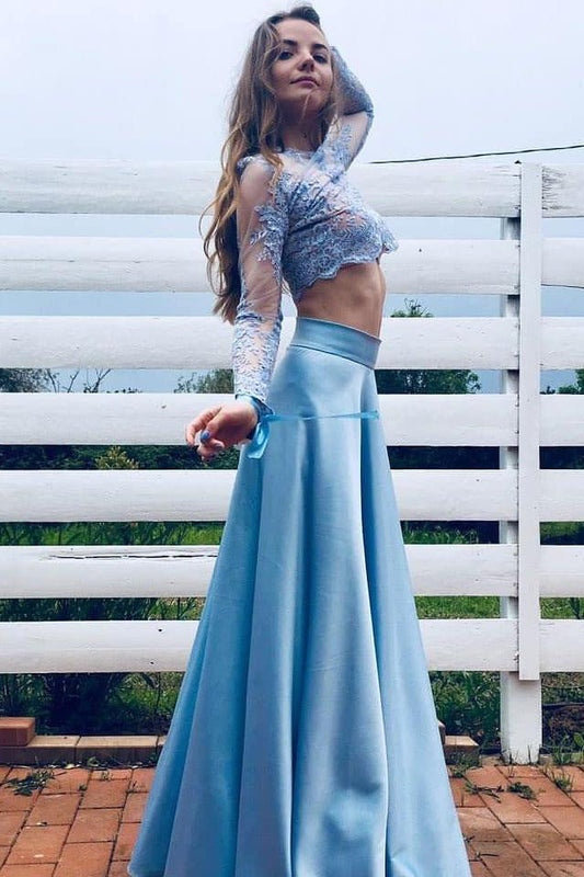 Chic Two Piece Blue Party Gowns Lace Long Sleeves A Line Prom Dresses