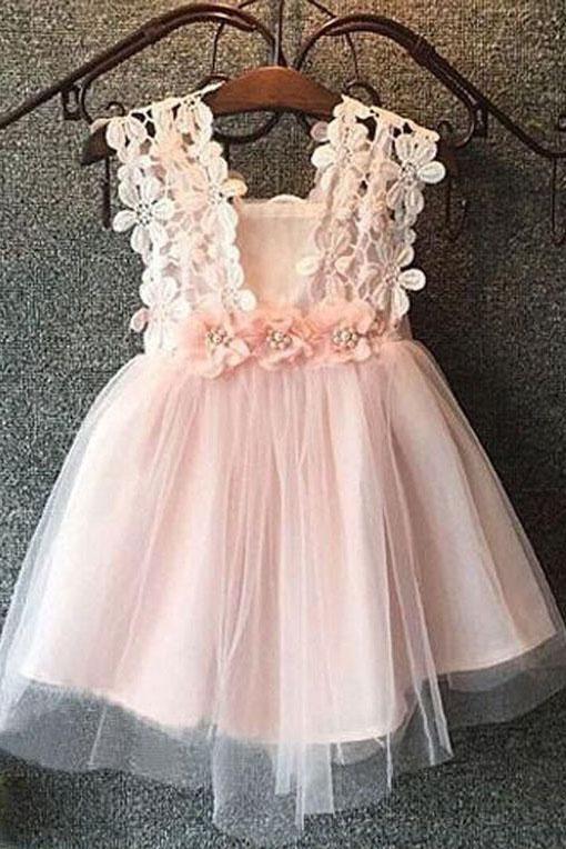 Cute Pink Tulle Bow Lace Beads Cap Sleeve Flower Girl Dresses Wedding Party Dress