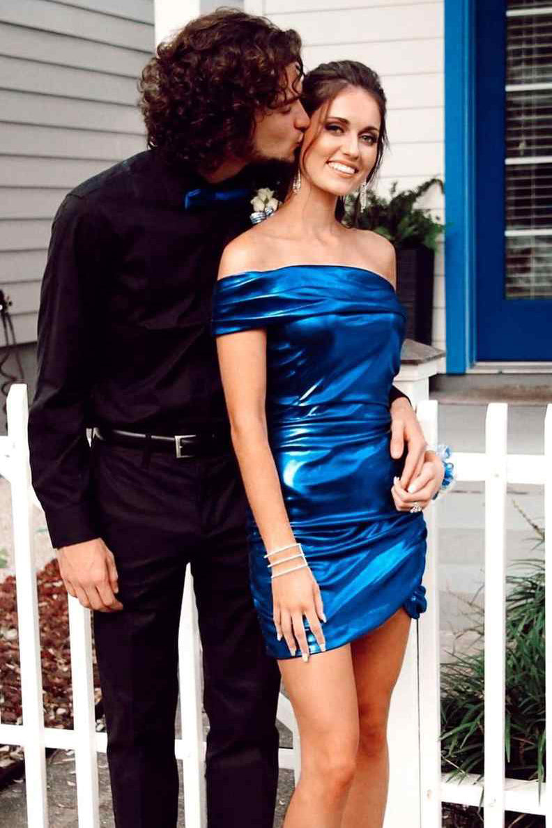 Chic One Shoulder Navy Blue Tight Homecoming Dresses