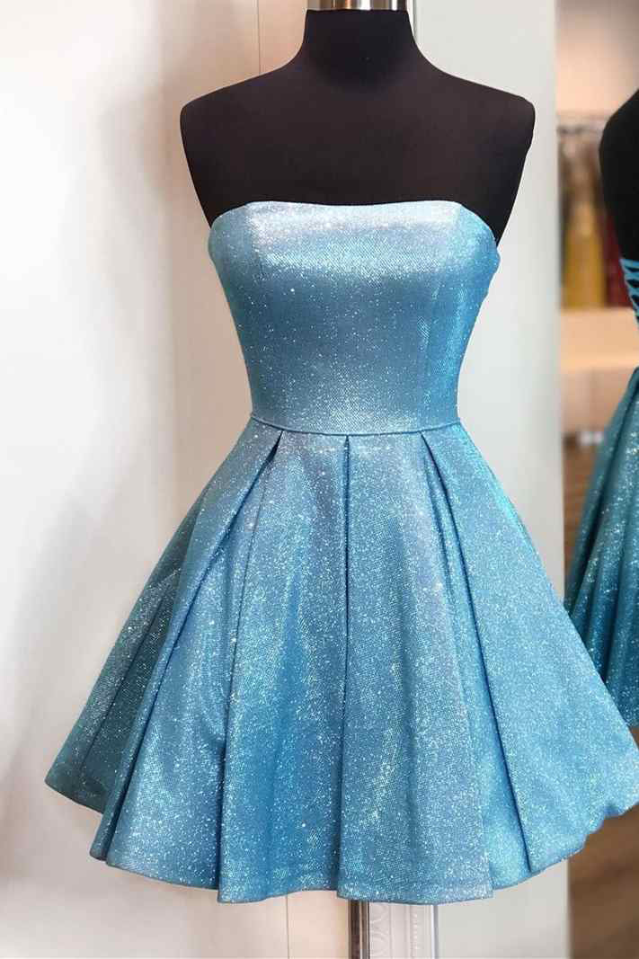 Shiny Blue Strapless A Line Short Homecoming Dresses