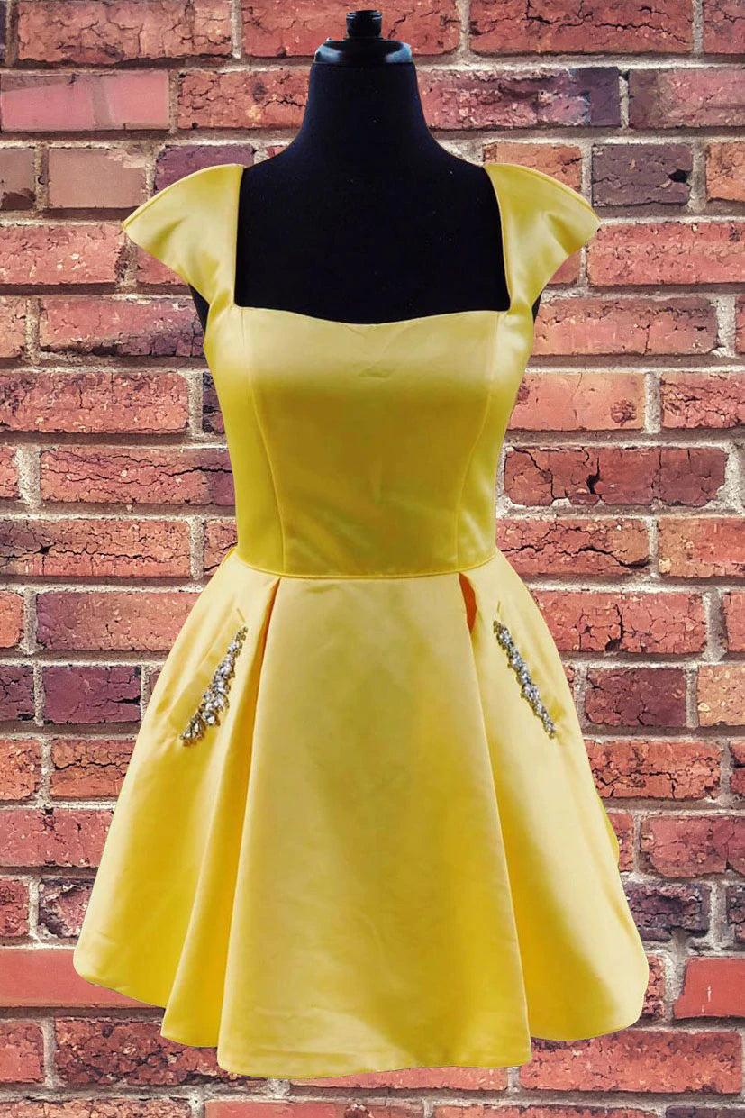 A-Line Yellow Cap Sleeves Stain Homecoming Dresses With Pockets