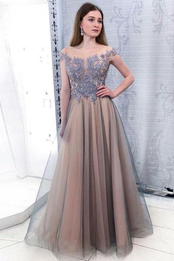 Elegant Off Shoulder Sleeveless Floor Length Lace Prom Dresses with Appliques