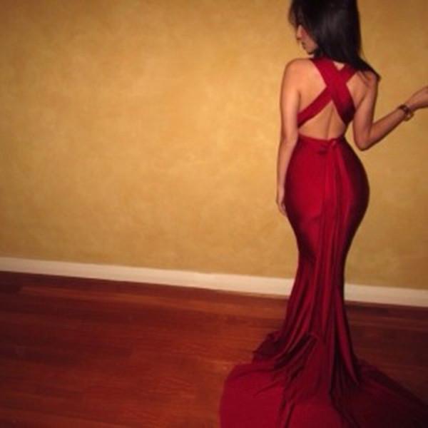 Modest Mermaid Dark Burgundy Red Long Criss Cross Fitted Sexy Backless Evening Dresses